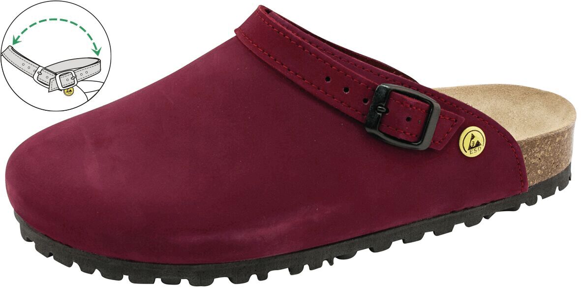 The shoe is a red clog with a low heel. It has a strap with a buckle on top and a simple, open heel. The sole is black and textured.