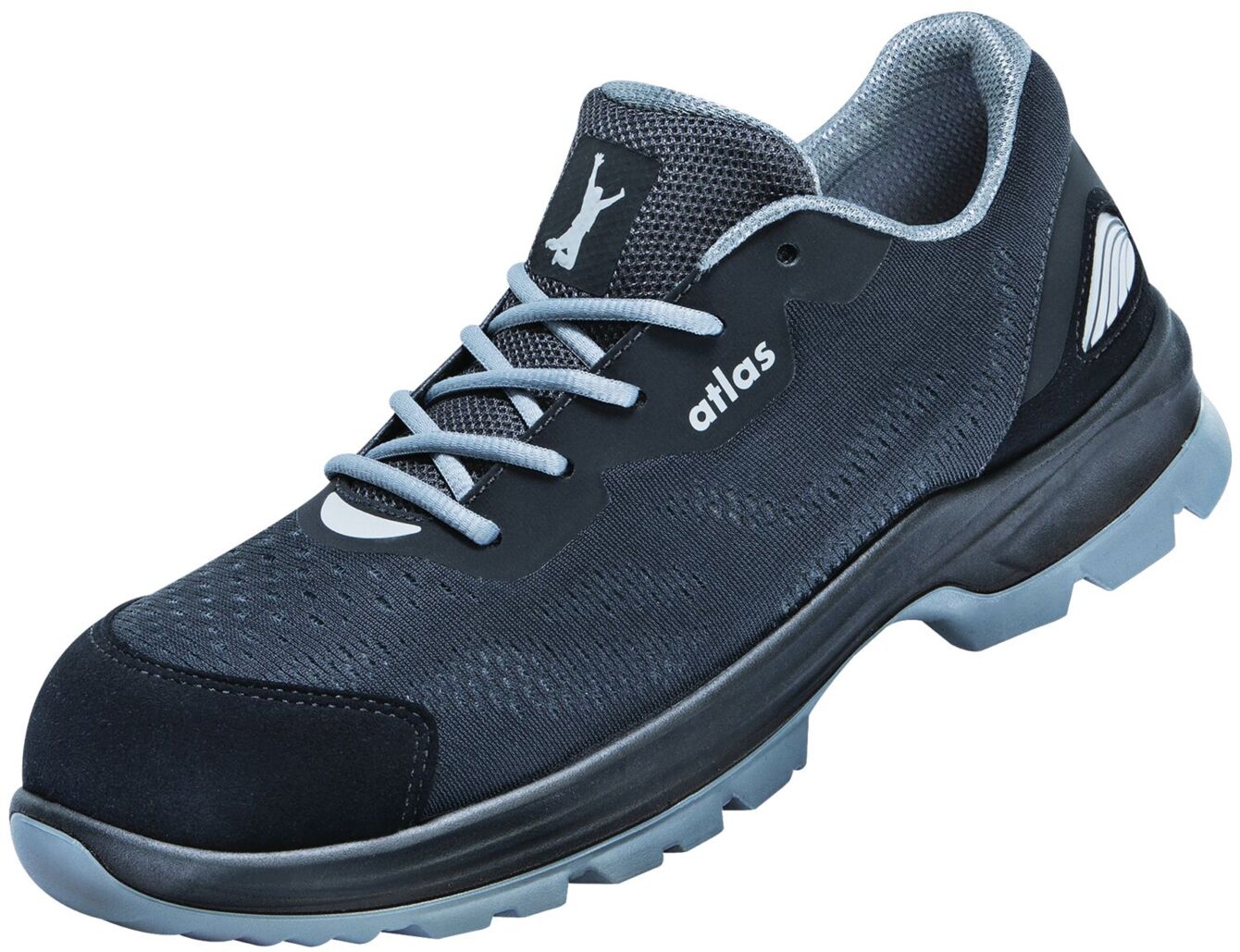 The shoe is a sporty safety or work shoe. It is predominantly black with gray accents. The sole is grippy and robust. The upper material is breathable and flexible.