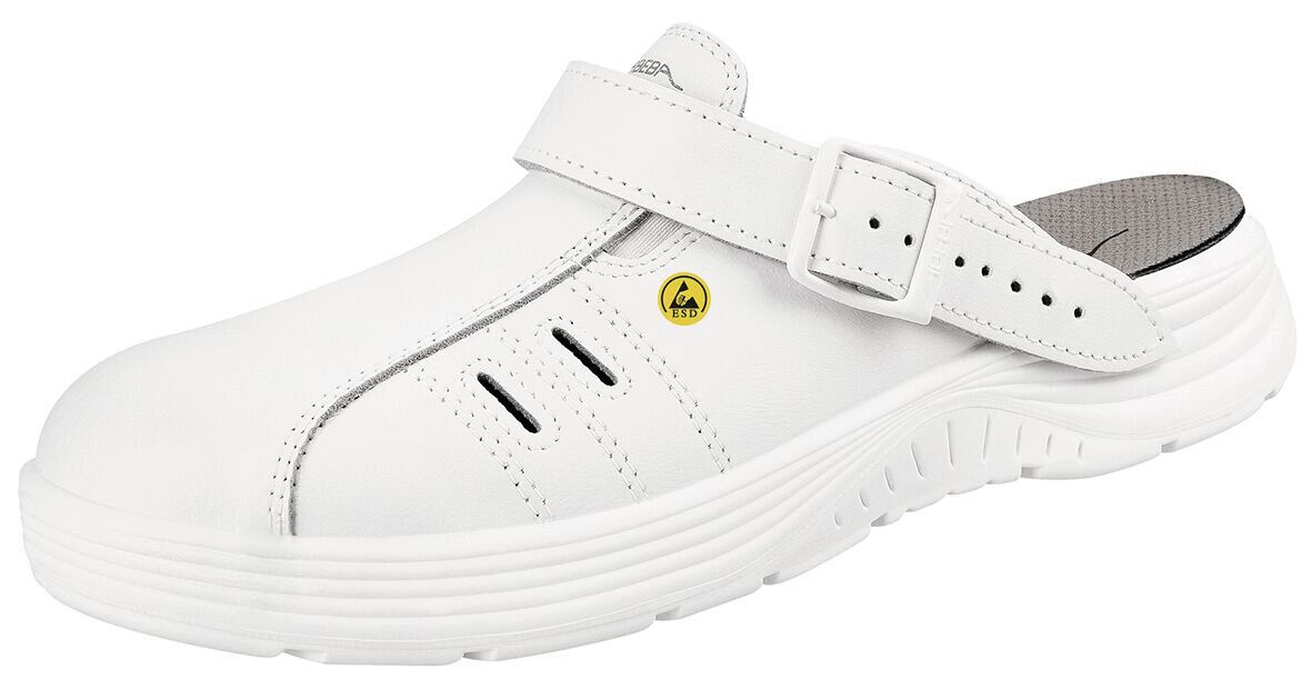 The image shows a white clog shoe with an adjustable strap. It has a smooth surface with three ventilation slots and a thick, non-slip sole.