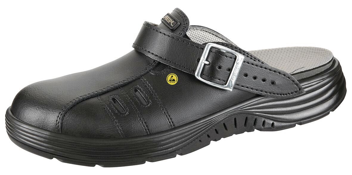 The image shows a black leather clogs shoe. It has a wide strap with a buckle, a non-slip sole, and side ventilation holes. The shoe is sturdy and comfortable.