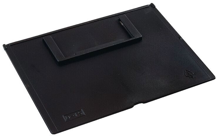 The image shows a black, flat plastic plate with a handle on the top. It appears sturdy and has rounded corners. The surface is smooth and matte.