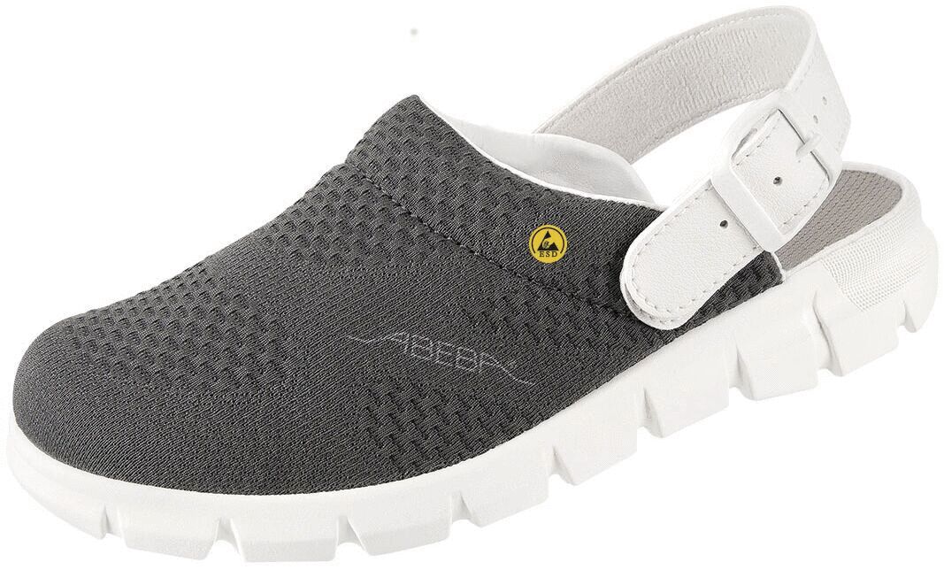 The shoe is a gray clog with a textured surface and a white strap that is adjustable at the back. The sole is thick and light, for comfort and stability.