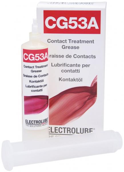 The image shows a tube of contact treatment paste accompanied by a white plastic container. The packaging is red and white with the text "CG53A" and "Contact Treatment Grease".