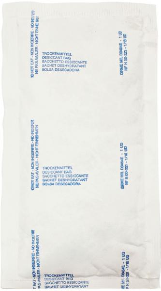 The image shows a simple, white packaging with blue lettering and indications of a desiccant content. The overall shape is rectangular and flat.