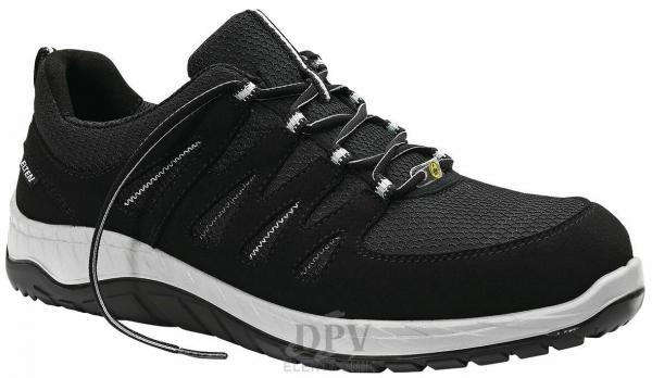 The shoe is black with a textured upper. It has elastic laces and a white midsole. The sole is grippy and provides good traction. Ideal for movement.