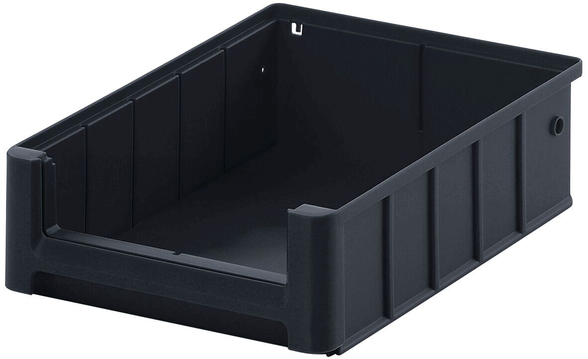 The image shows a black upright plastic box without a lid. It has a rectangular shape, smooth sides, and is hollow inside. Ideal for storing items.