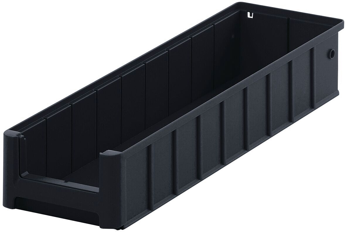 It is a long, narrow, rectangular box made of black plastic. The sides are ribbed and there is an opening on one short side. Ideal for storage.