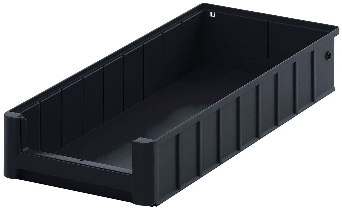 The image shows a black, rectangular storage box. It has tall, straight walls and an open top. The texture is smooth with vertical stripes on the sides.