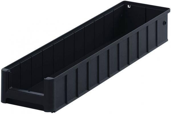 The image shows a long, rectangular container made of black plastic. It has straight side walls and an open top, suitable for storing small items.