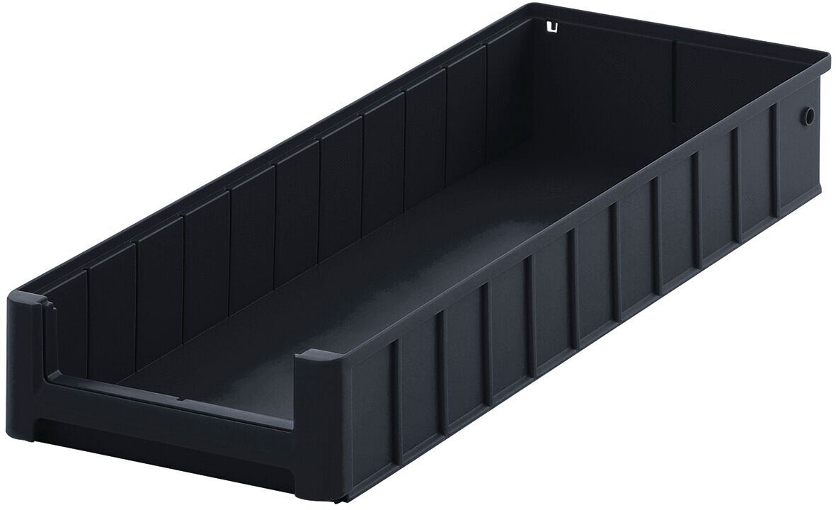 The image shows a narrow, rectangular, black plastic storage box. It has high walls, a smooth interior surface, and is slightly tapering at one end.