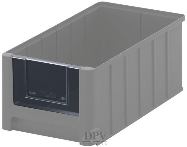 This is a rectangular, grayish plastic storage box. It features a slightly transparent front to view the contents and is designed in a simple, functional style.