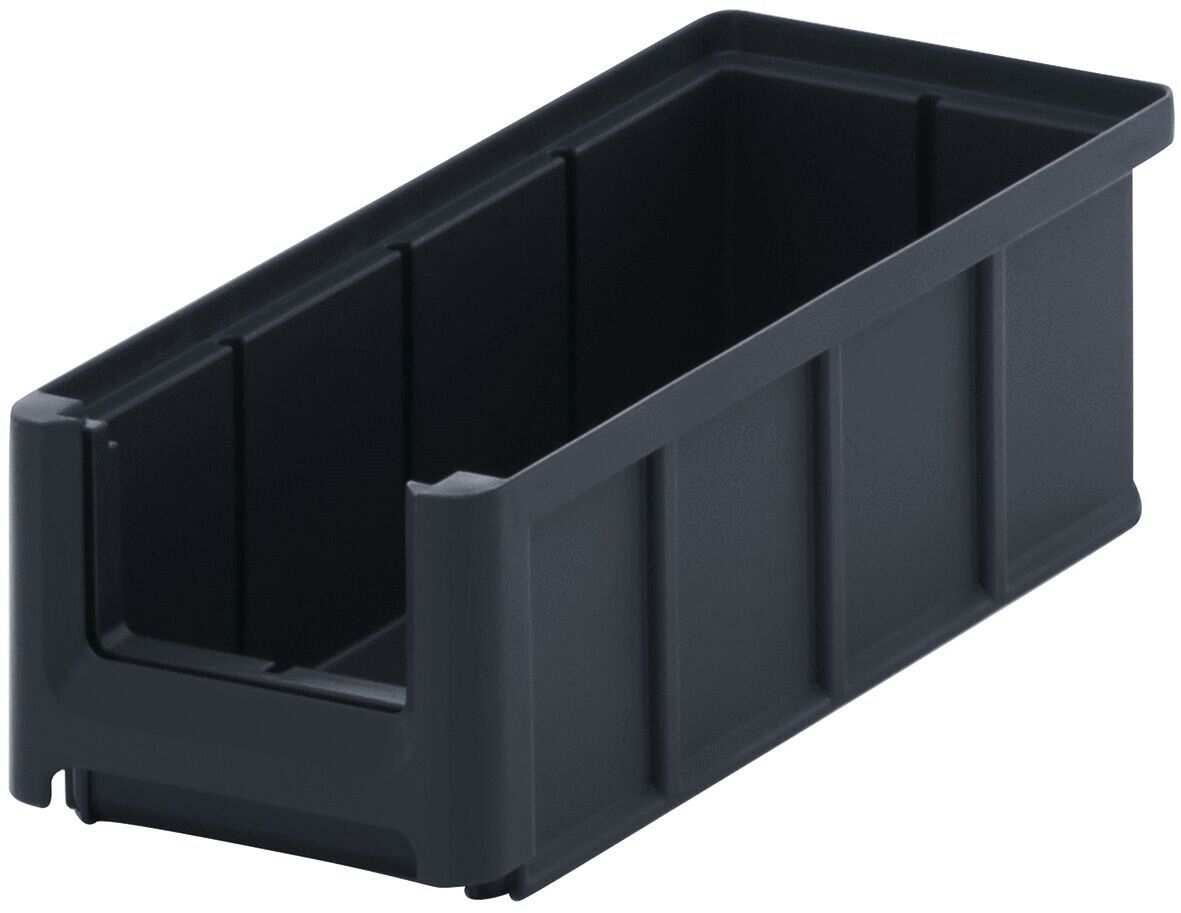 The image shows a rectangular, black plastic storage box. It has smooth sides and an open top, ideal for storing items. The box appears sturdy and functional.