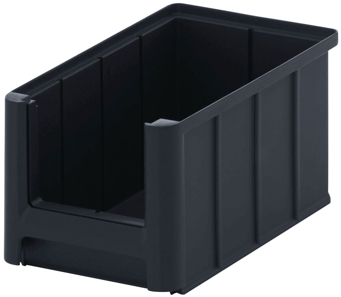 The container is rectangular, made of black plastic, with vertical grooves on the sides. It has an open top and a sturdy, flat base. Ideal for storing items.