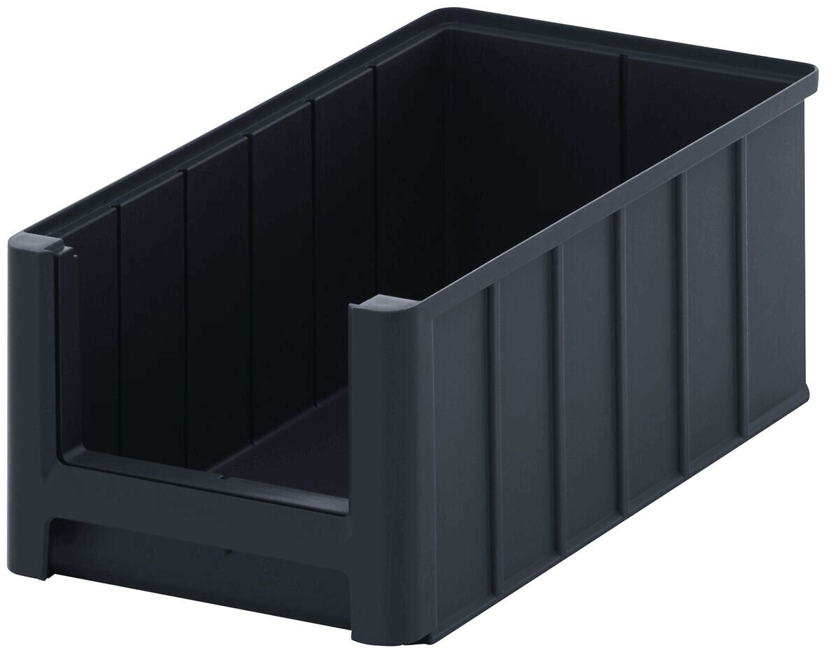 It is a rectangular, black plastic storage box. It has straight walls with vertical grooves and open sides, allowing easy access.