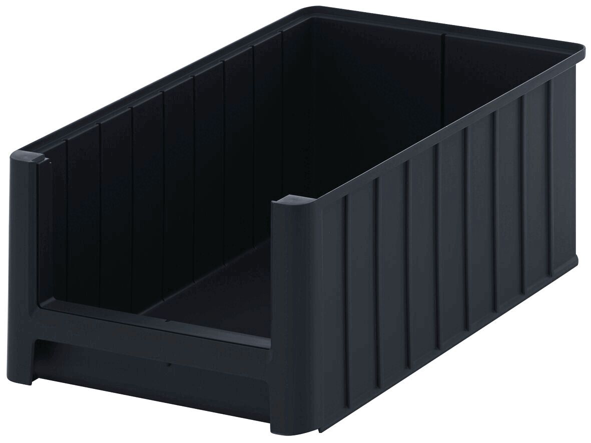 The image shows a rectangular, black plastic box without a lid. The walls are slightly ribbed and the box has an open top. It is sturdy and has a flat bottom.