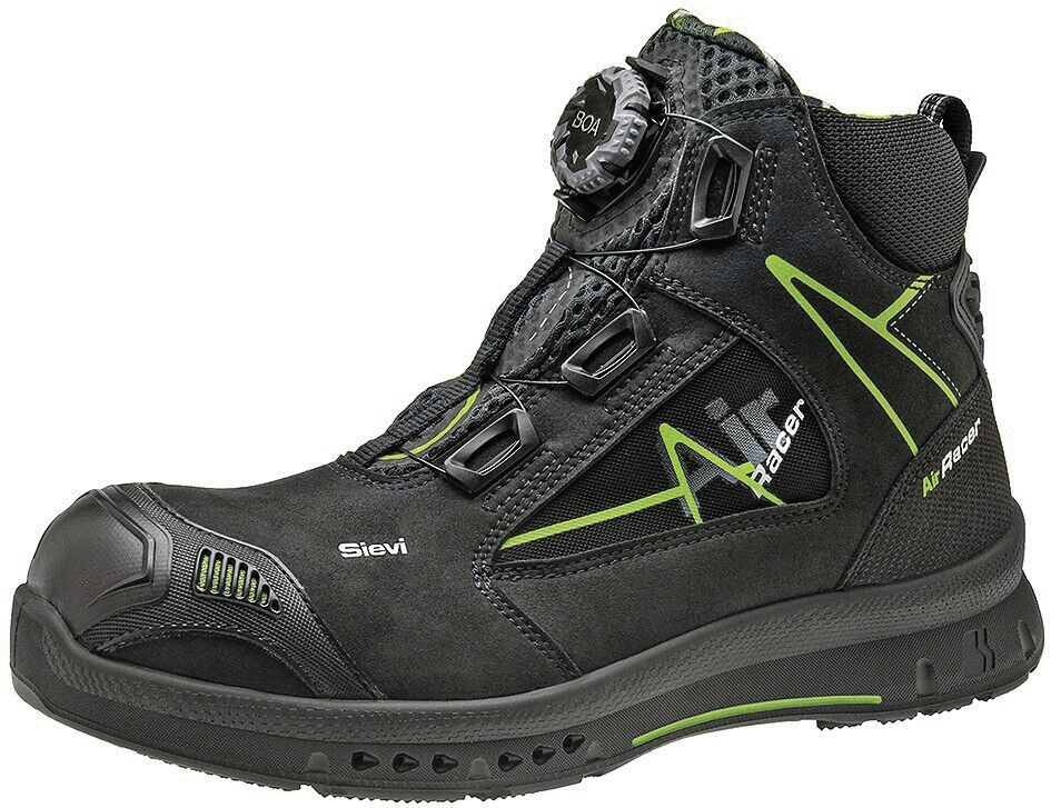 A sporty, black hiking shoe with greenish accents. It features a sturdy sole and a quick lacing system that can be adjusted with a twist lock.