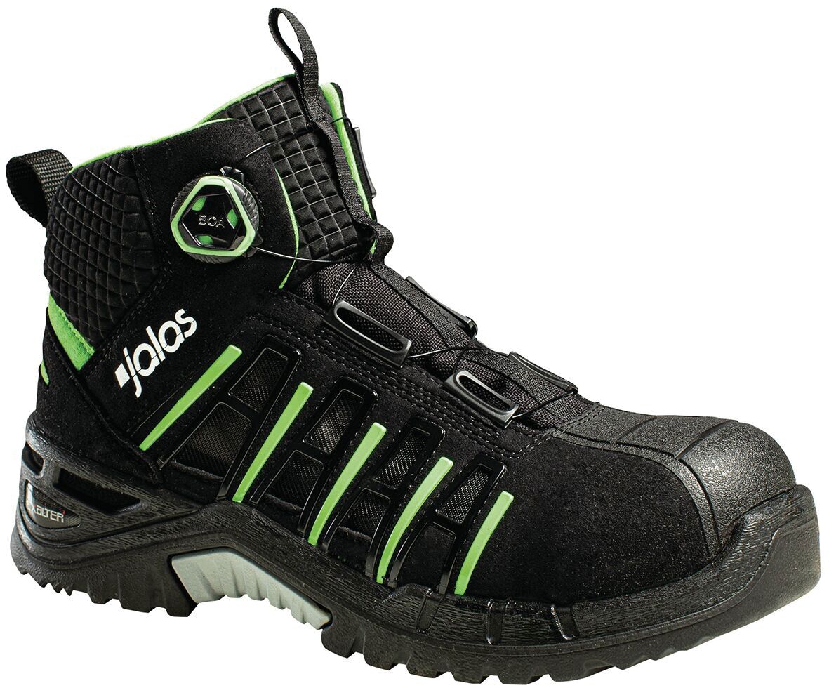 The shoe is tall, black with green accents. It has a sturdy sole and a quick-lacing system. The surface appears durable and provides good support. Ideal for various activities.