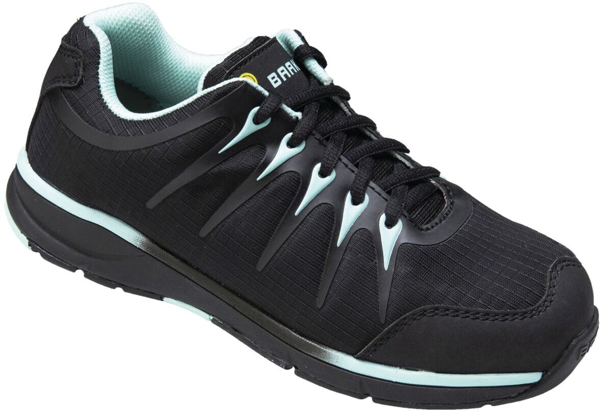 The shoe is black with light blue accents. It has a flat, textured sole and a sporty shape with lacing. The lining is soft and also light blue.