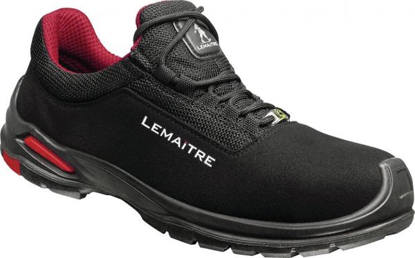 The shoe is a sporty, black safety shoe with red accents. It has a glossy outsole and white lettering with the name "Lemaître". The laces are integrated.