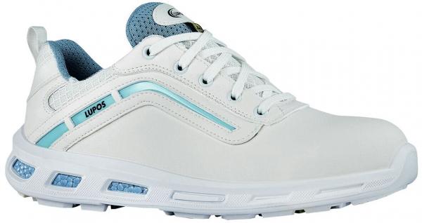 The shoe is a light, white sports shoe with blue accents. It has a round toe, laces, and a padded sole that provides good grip.