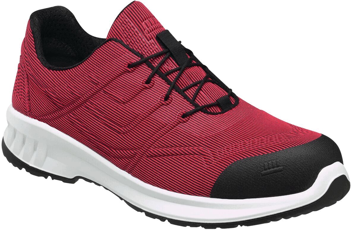 The shoe is red with fine, textured lines. It has a black, solid toe cap and a white sole. The laces are black and the shoe has a sporty shape.