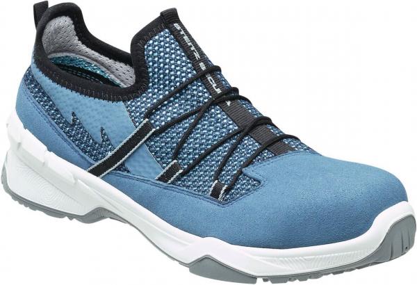 The shoe is sporty and comes in various shades of blue. It has a breathable mesh upper and a sturdy, non-slip sole. The laces are elastic.