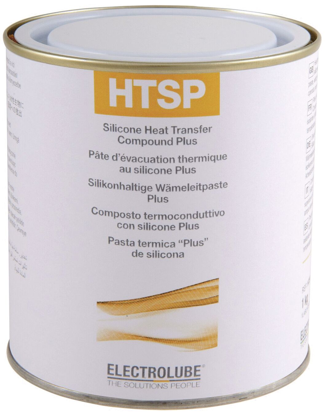 The image shows a round can with a white lid. On it is "HTSP" and information about a silicone thermal paste in multiple languages. The can is light-colored and has a golden border.