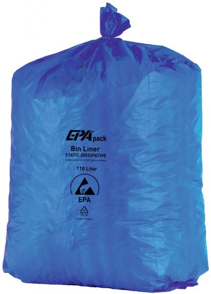 It is a blue garbage bag, open at the top and closed with a knot. It has a shiny, smooth surface and is intended for the trash can.