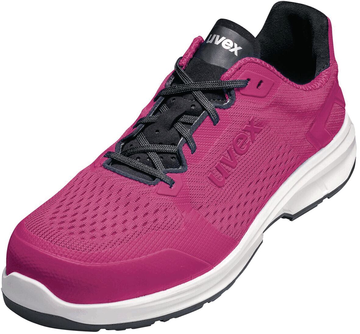 The shoe is sporty and modern, with a bold pink surface and black lining. It has a padded sole, flat laces, and a breathable design.