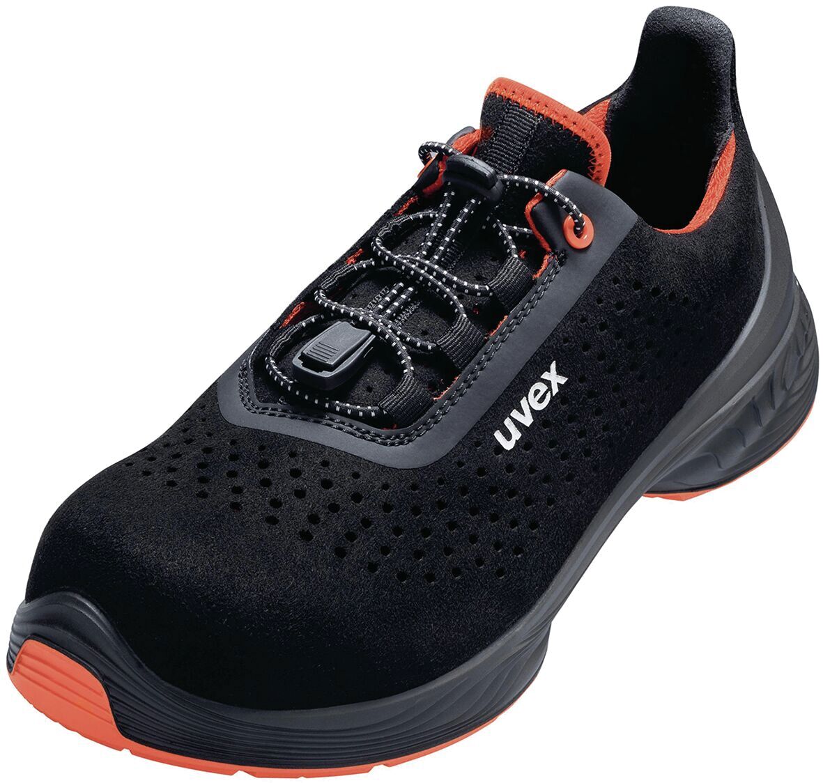 The shoe is sporty and ergonomic, predominantly black with orange accents. It features a breathable surface with small holes and a quick lacing system.