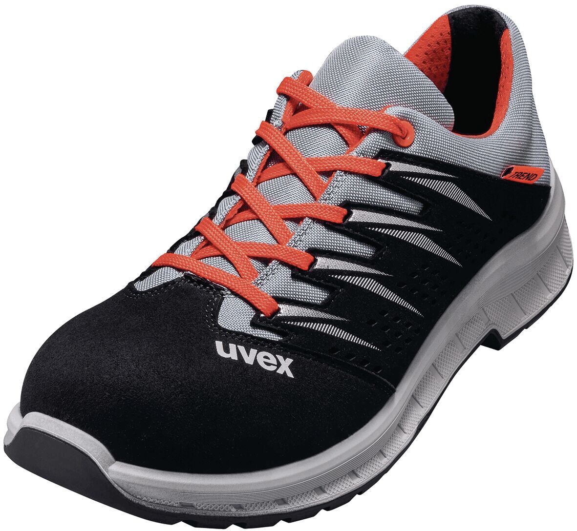 The shoe is sporty and lightweight. It has a black upper with orange laces and silver accents. The sole is stable and provides good grip.