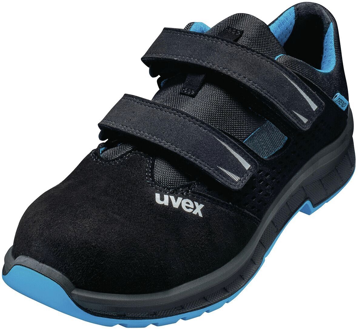 The shoe is black with blue accents. It has a soft, velvety surface and three wide Velcro straps. The sole is sturdy and slightly textured.