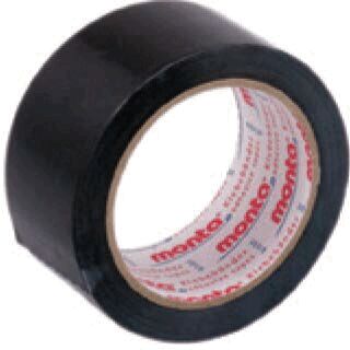 The image shows a roll of black tape. It has a round core on which the adhesive surface is rolled up. The outside is smooth and even.