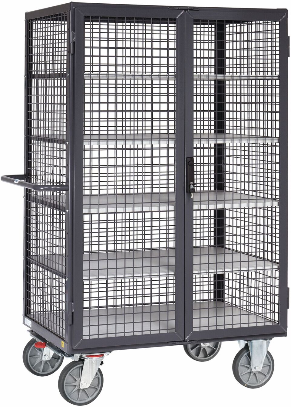 The image shows a sturdy metal cart with mesh walls and two large doors. It has four wheels and several shelves, ideal for transporting goods.