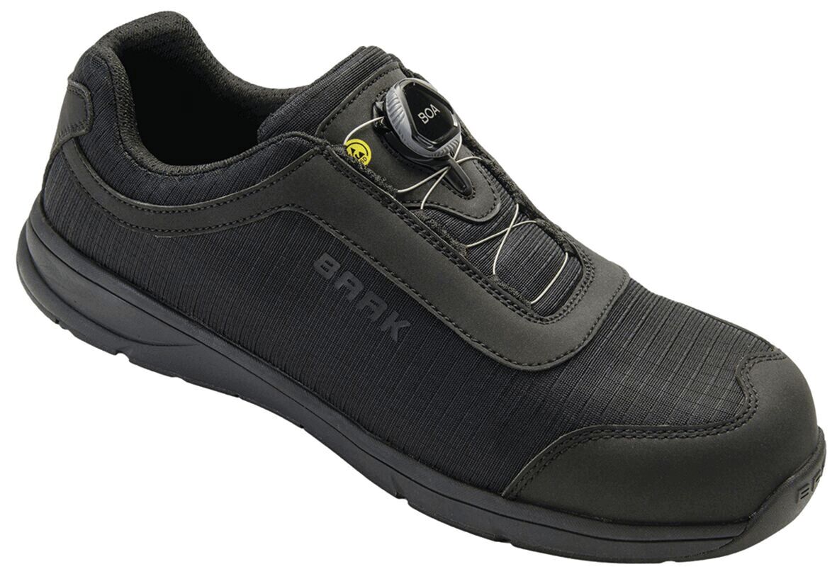 The shoe is sporty and black, with a smooth surface and textured inserts. It features a secure lacing system through a twist mechanism and a padded sole for comfort.