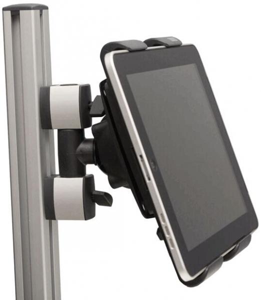 The image shows a mount that attaches a tablet to a vertical stand. The tablet is mounted sideways, with a sturdy clamp in the middle and two additional holders at the bottom.