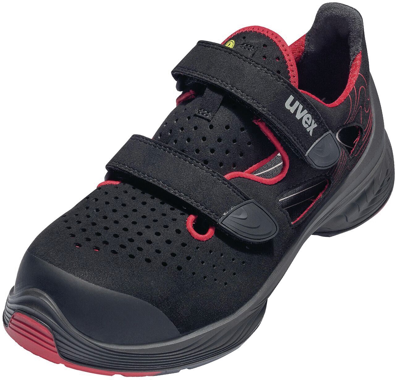 The shoe is black with red accents and has two Velcro straps. It features a perforated upper for breathability and a sturdy, non-slip sole.