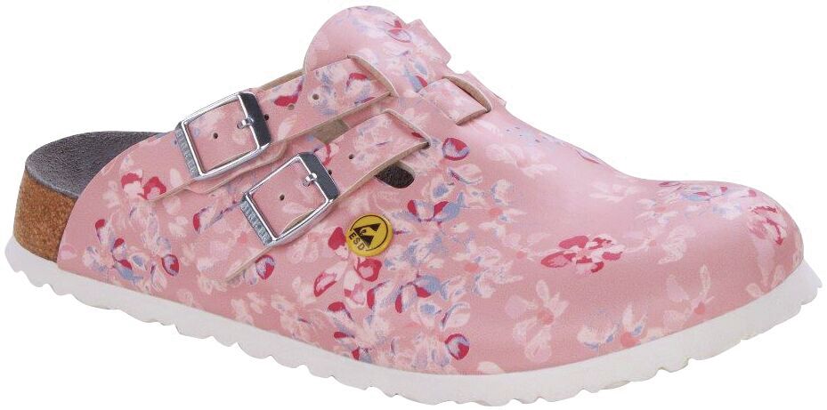 The shoe is a pink clog with a floral pattern. It has two silver buckles and a light, non-slip sole. The surface is smooth and soft.