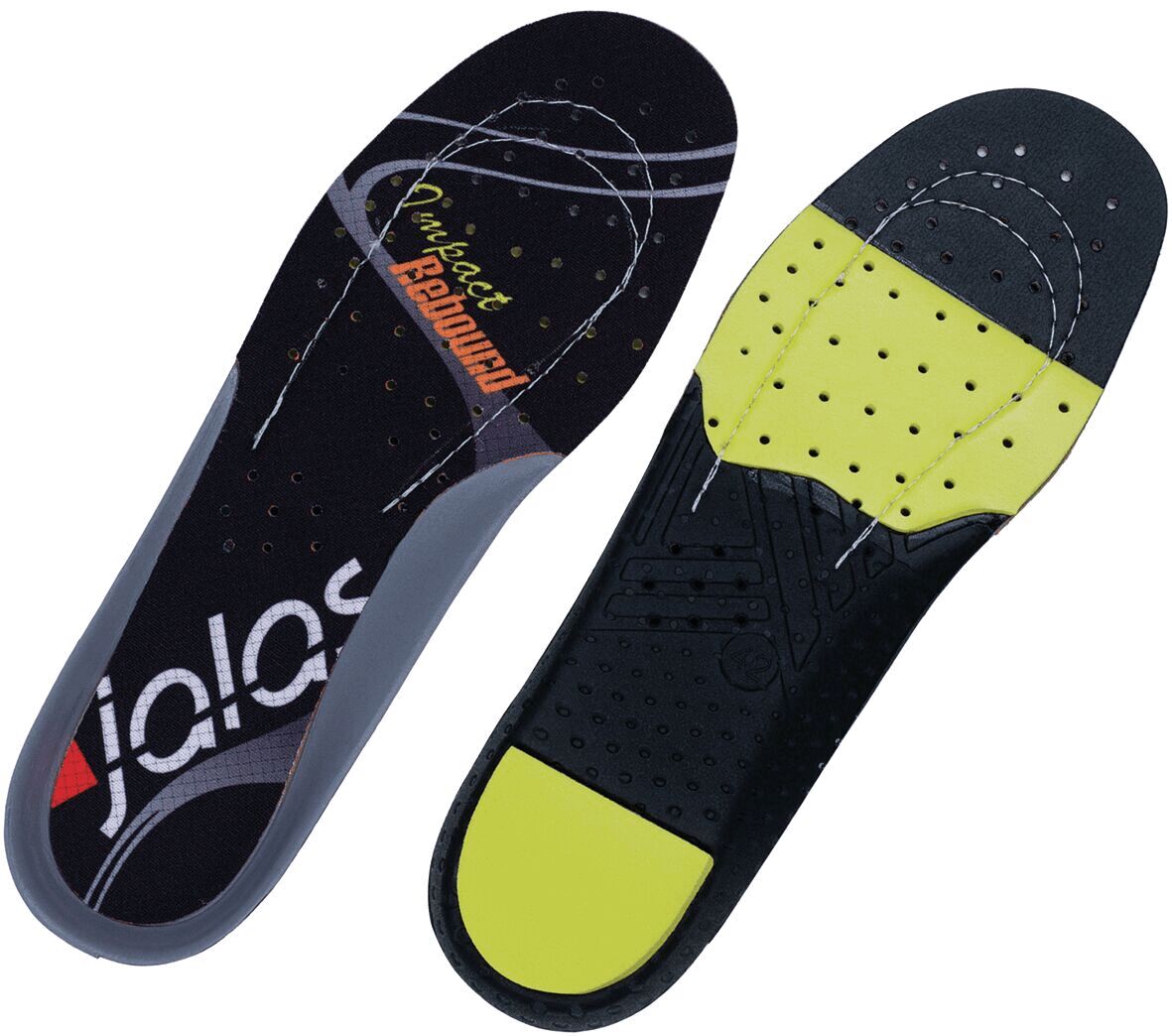 The image shows two insoles. One side is black with a yellow dot and the "jolas" logo, the other side is also black with a graphic pattern.