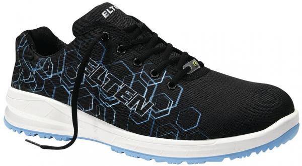 The shoe is black with a geometric pattern in blue. It has a light, non-slip sole and laces. The shape is sporty and modern, ideal for everyday use or work.