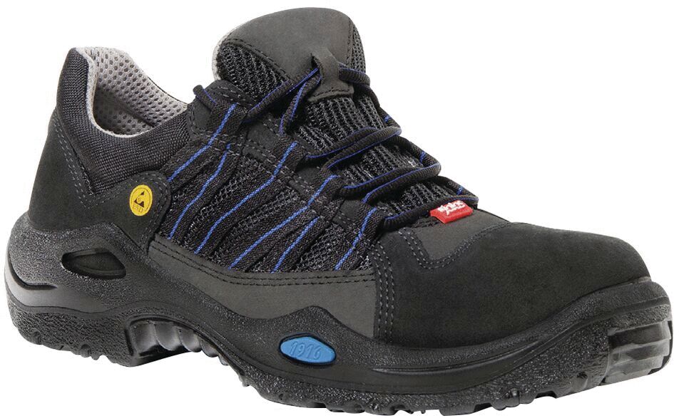 The shoe is a black safety shoe with a sturdy sole. It has blue and gray shoelaces and a yellow safety button on the side. The surface is made of robust material.