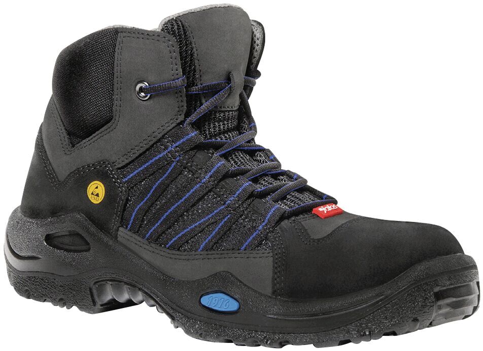 The shoe is a black, ankle-high boot with blue shoelaces. It has a sturdy, non-slip sole and is suitable for outdoor use or work.