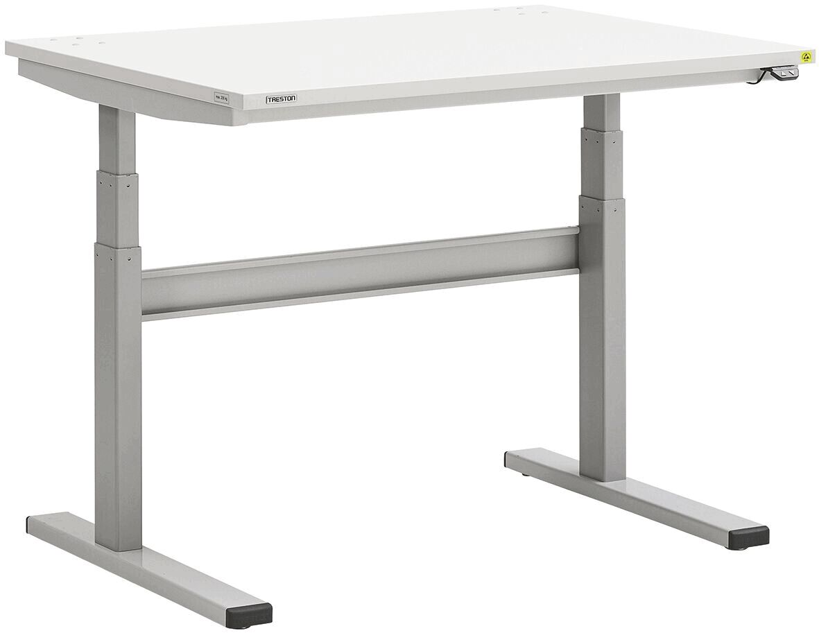 The table has a rectangular, white top and nimble, gray legs. It is height-adjustable and features a modern, simple shape, ideal for offices or workspaces.