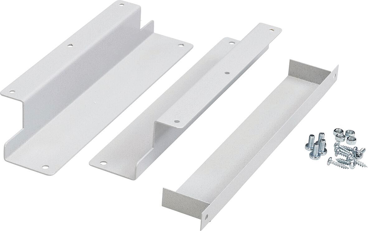 The image displays multiple metal plates in white, each shaped differently. It also includes screws. The plates are flat and can be used for assembly or stabilization.