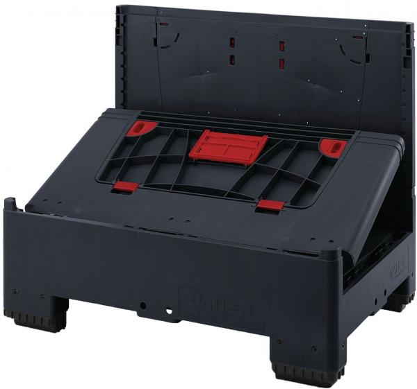 The image shows a black storage box with a red clasp. The box has flat walls and a foldable top that can be opened.