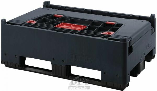 The image shows a sturdy, black transport box with a textured bottom. There are two large openings on the sides for carrying. The top has elements marked in red.