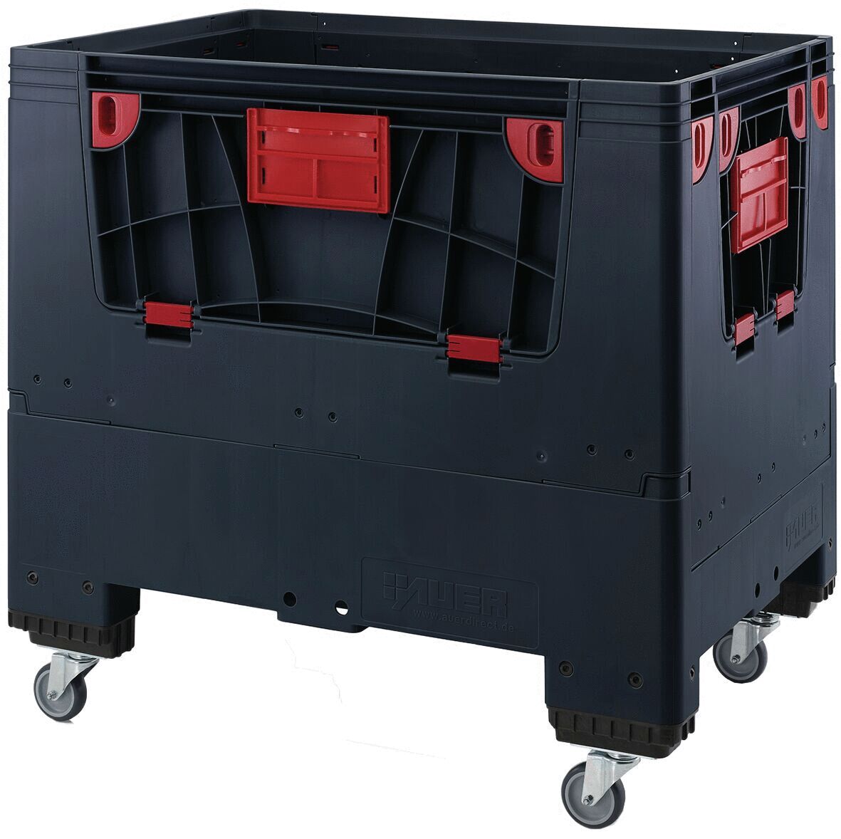 The image shows a sturdy, black transport container with red handles and wheels. It has a box-shaped, open structure and is ideal for storing and moving items.