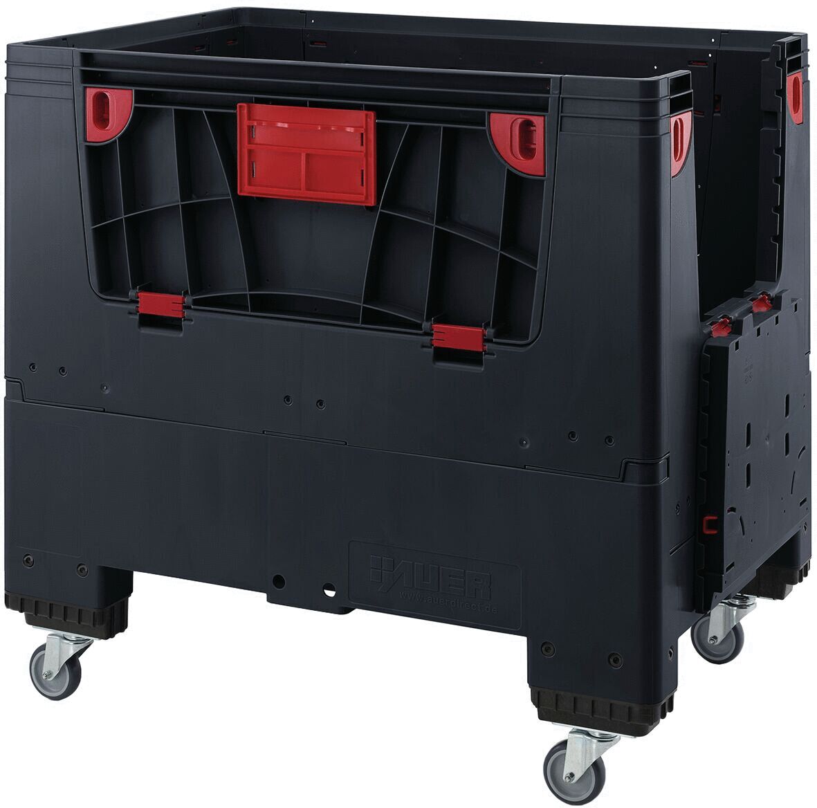 The image shows a black plastic box on wheels. It has red details and a slot for labels. The box is sturdy and suitable for transport or storage.