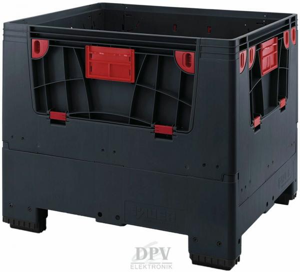 The box is made of black plastic with red accents. It has high walls, an open top, and is sturdily built, suitable for storage or transport of items.