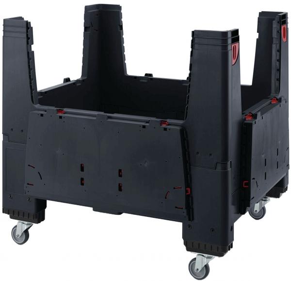 The image shows a sturdy, black transport cart on wheels. It has high side walls that are open, as well as red handles on the sides. Practical for storage and transportation of goods.